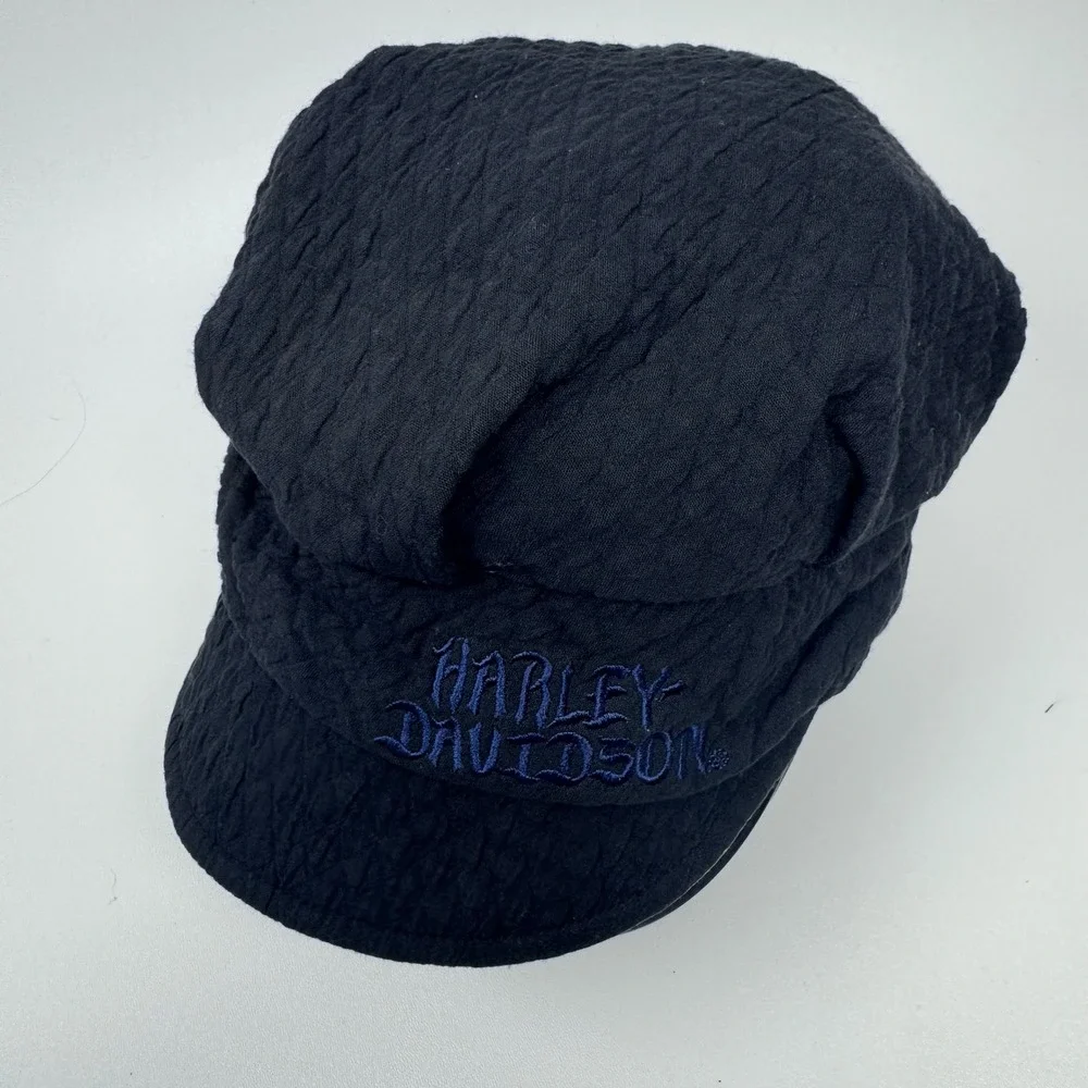 Harley Davidson Black Textured Quilted Newsboy Cap Hat‎ with Blue Embroidery